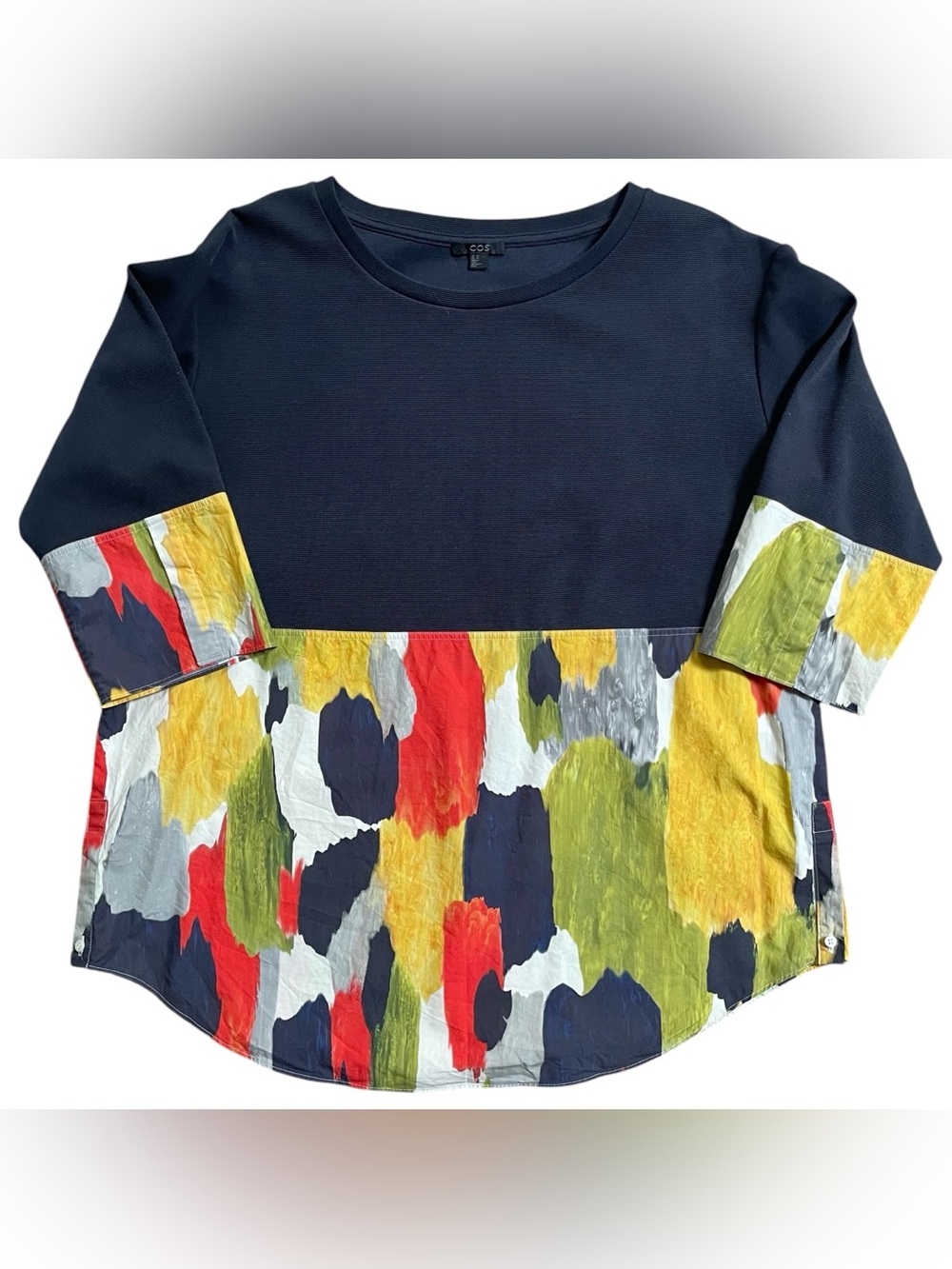 COS Printed Hem Solid Waffle Knit 3/4 Sleeve Top Navy Multi Size Medium